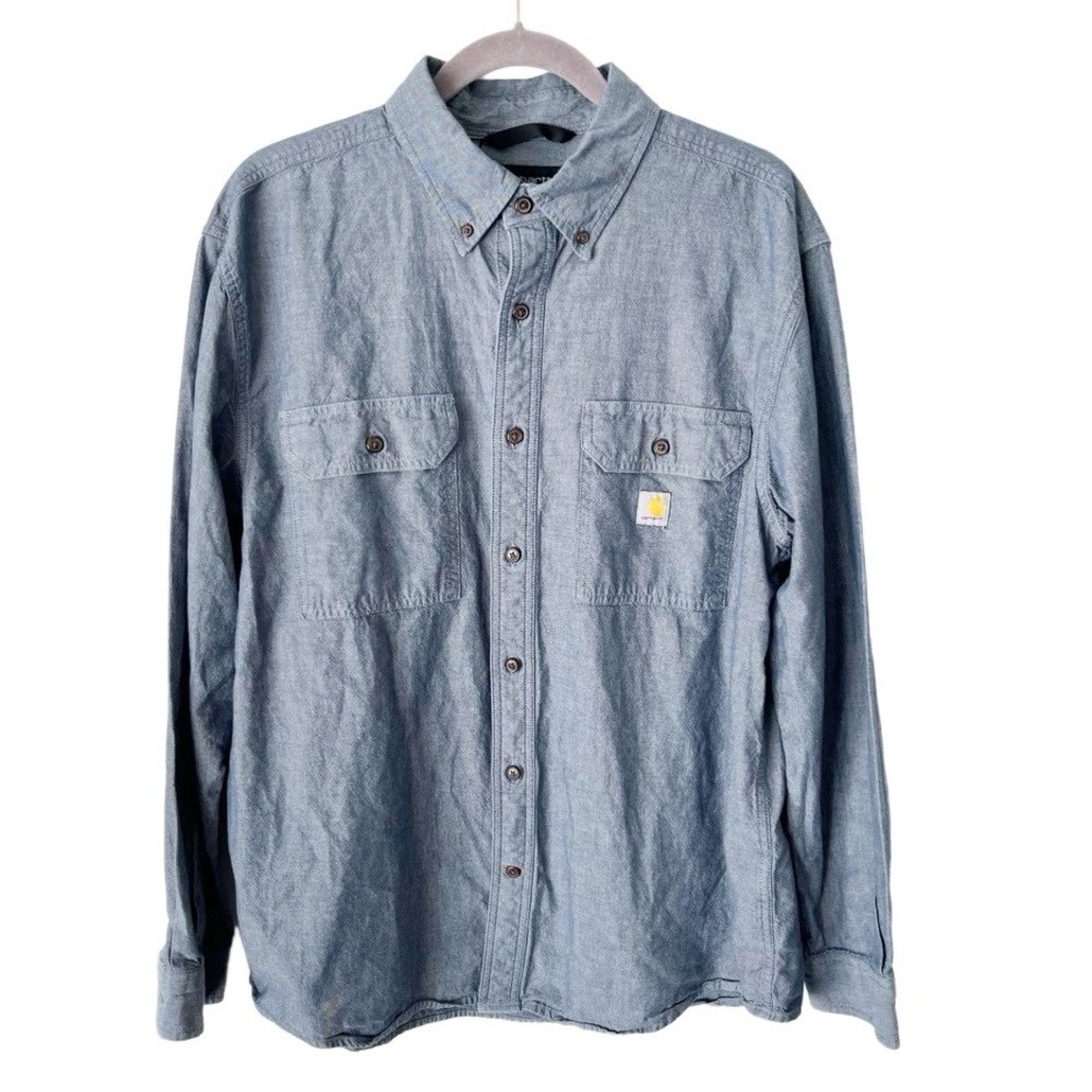 Carhartt Shirt Men's Large Blue Chambray Button Up Loose Fit Utility 100% Cotton